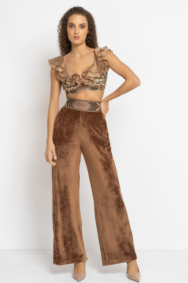 VELVET CROP TOP WITH REMOVABLE RUFFLES - GOLDEN STRIPES JIORO ПЛЮШЕН КРОП ТОП С ПОДВИЖНИ ВОЛАНИ - GOLDEN STRIPES JIORO