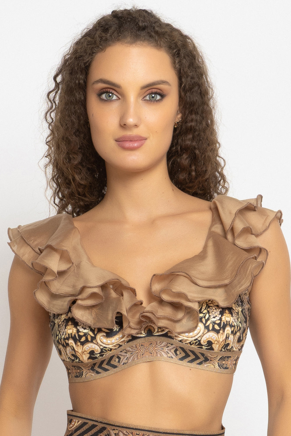 VELVET CROP TOP WITH REMOVABLE RUFFLES - GOLDEN STRIPES JIORO ПЛЮШЕН КРОП ТОП С ПОДВИЖНИ ВОЛАНИ - GOLDEN STRIPES JIORO