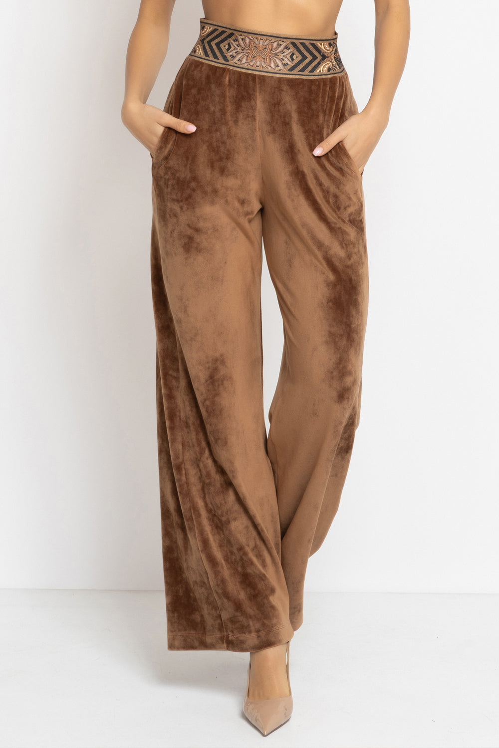 VELVET WIDE-LEG TROUSERS WITH ELASTIC WAIST IN CAMEL - ESSENTIALS - Fashion Roots