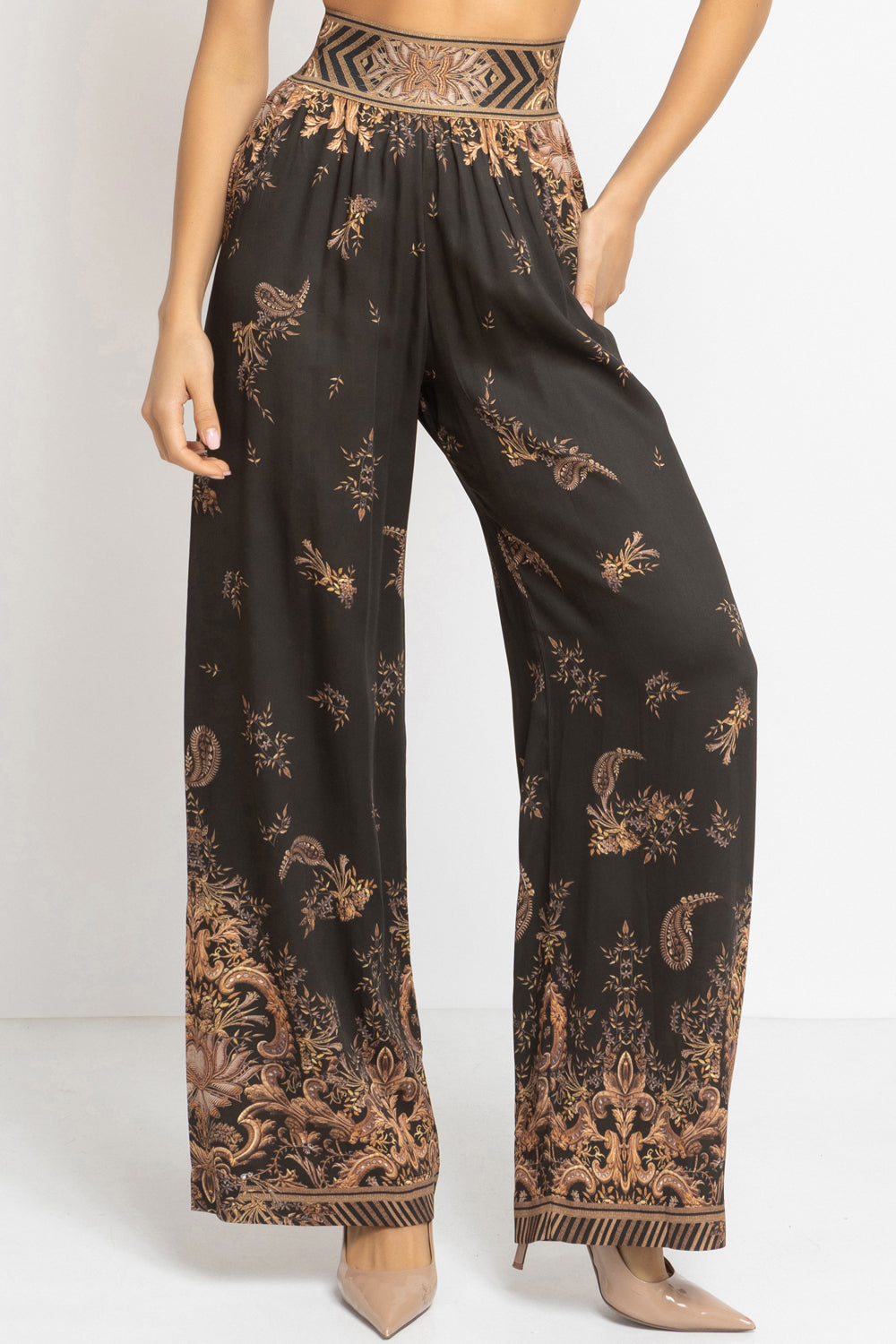 VISCOSE SATIN WIDE-LEG TROUSERS WITH ELASTIC WAIST - GOLDEN STRIPES JIORO СВОБОДЕН ПАНТАЛОН ОТ ЛЪСКАВА ВИСКОЗА - GOLDEN STRIPES JIORO