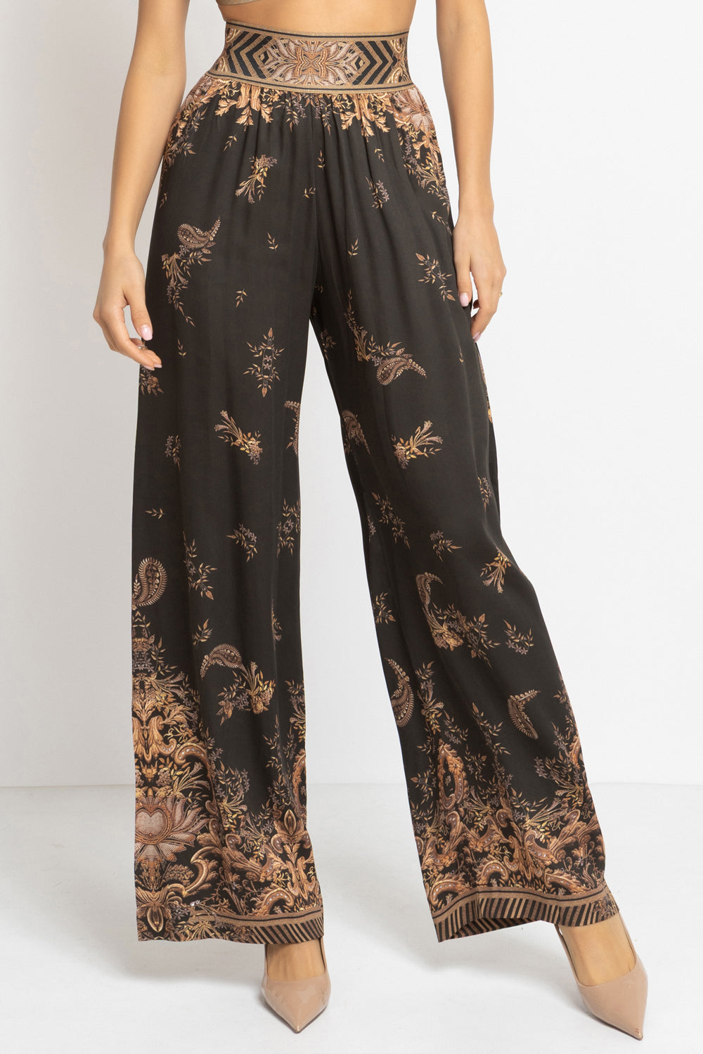 VISCOSE SATIN WIDE-LEG TROUSERS WITH ELASTIC WAIST - GOLDEN STRIPES JIORO СВОБОДЕН ПАНТАЛОН ОТ ЛЪСКАВА ВИСКОЗА - GOLDEN STRIPES JIORO
