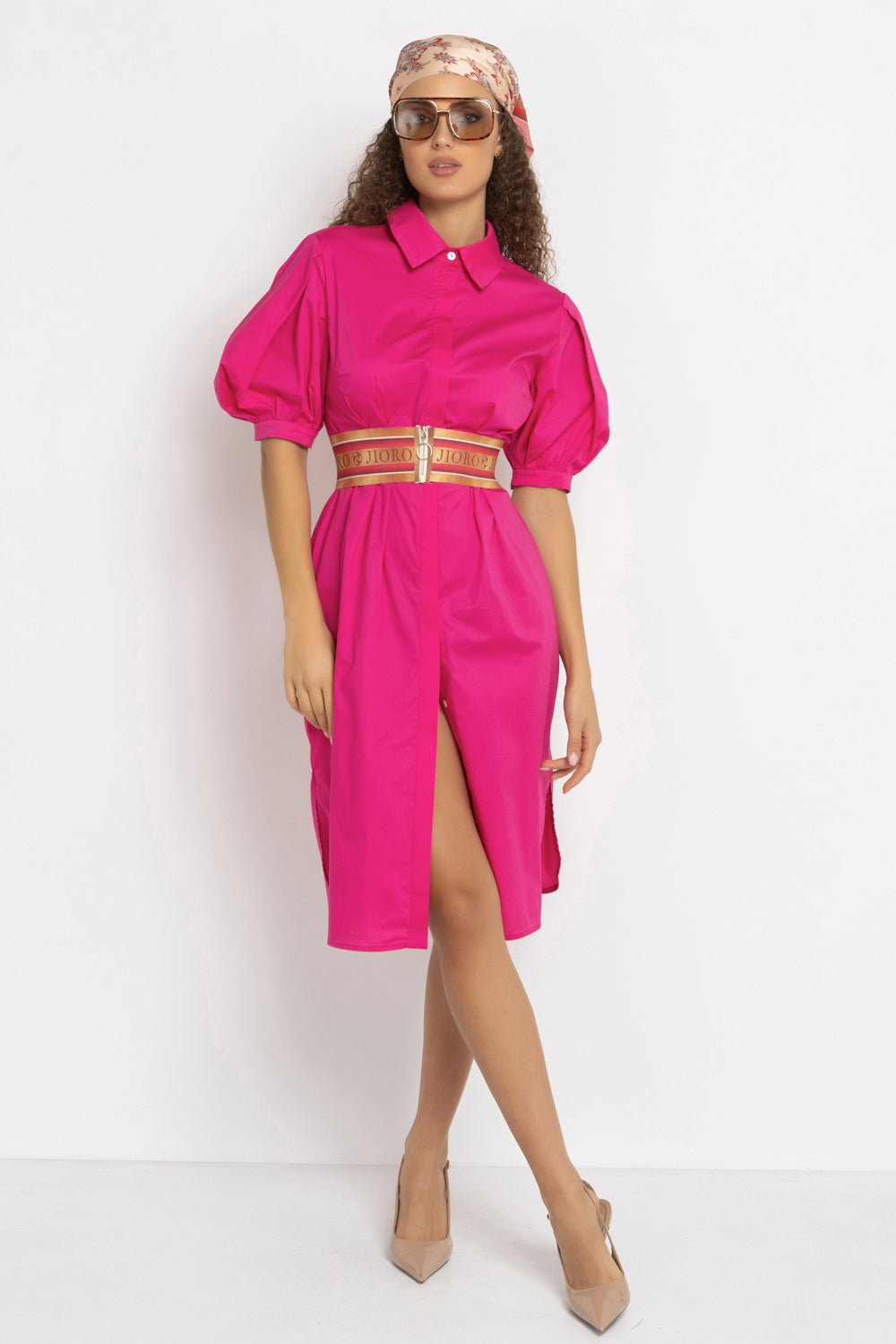 CYCLAMEN SHIRT COTTON POPLIN DRESS WITH OVAL HEM - ESSENTIALS JIORO РОКЛЯ ТИП РИЗА ОТ ПАМУЧЕН ПОПЛИН В ЦВЯТ ЦИКЛАМА С ОВАЛЕН ПОДГЪВ - ESSENTIALS JIORO