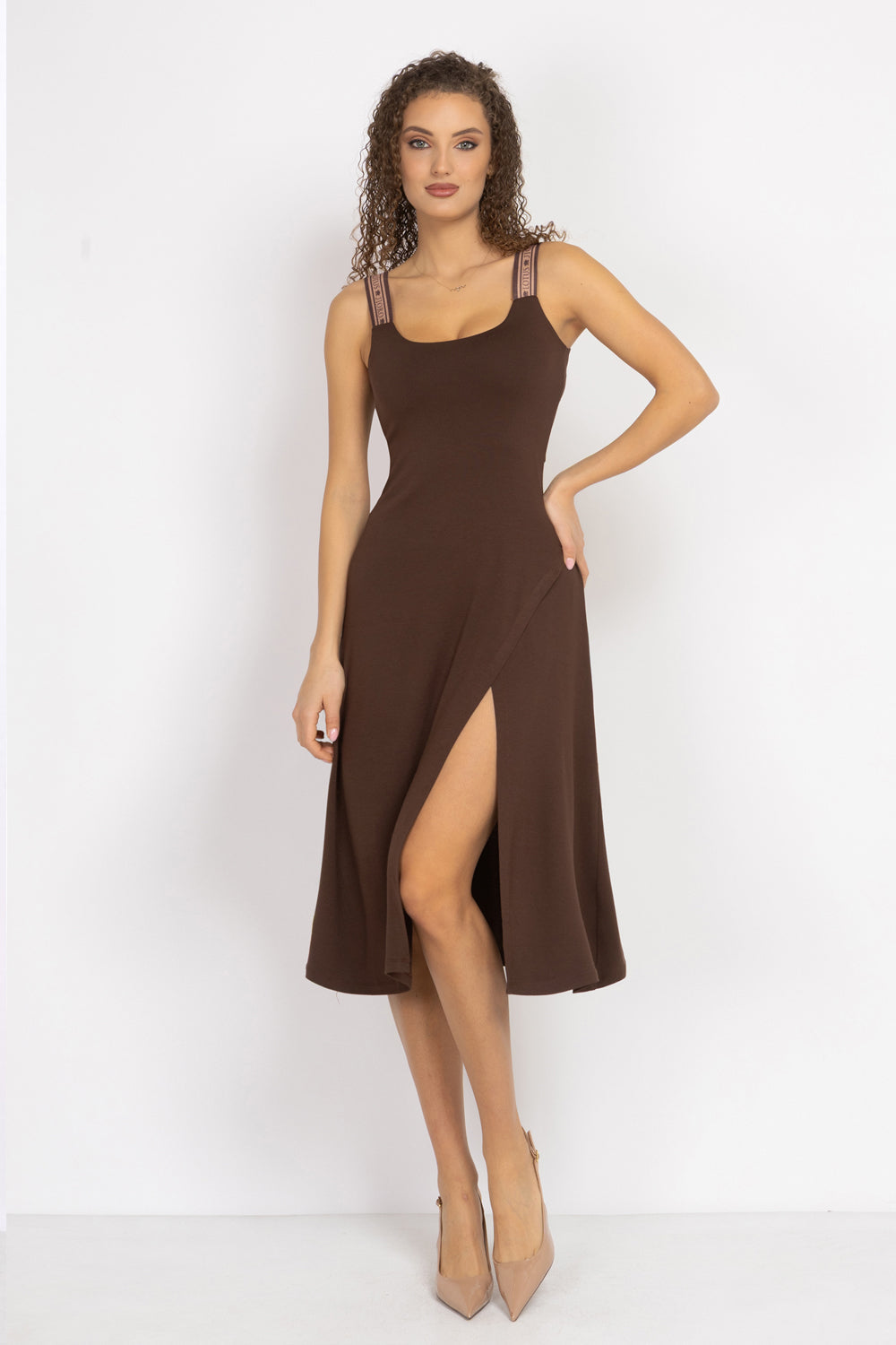 BROWN VISCOSE STRAP DRESS WITH ELASTIC DETAIL AND SOFT A-LINE SILHOUETTE - ESSENTIALS