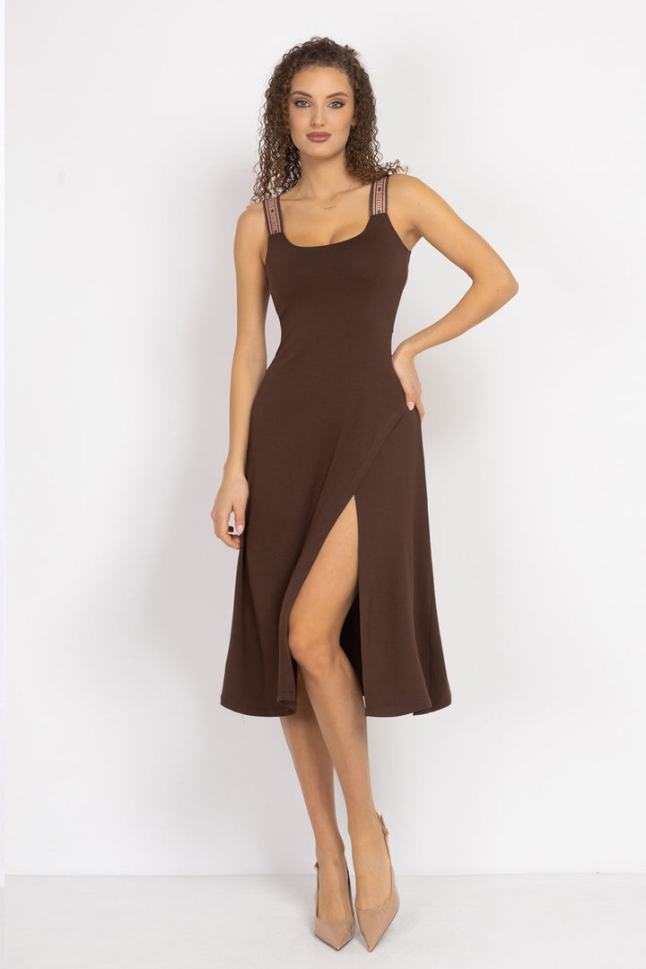 BROWN VISCOSE STRAP DRESS WITH ELASTIC DETAIL AND SOFT A-LINE SILHOUETTE - ESSENTIALS