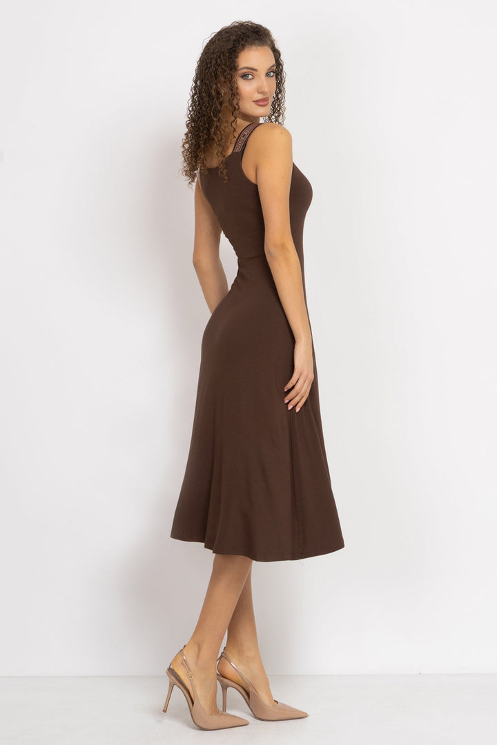 BROWN VISCOSE STRAP DRESS WITH ELASTIC DETAIL AND SOFT A-LINE SILHOUETTE - ESSENTIALS
