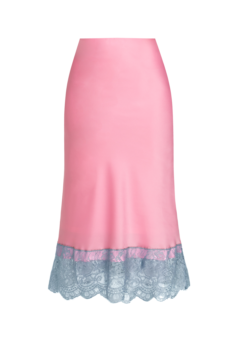 FLARED PINK SKIRT WITH LACE TRIM IN WHITE BLUE - ESSENTIALS JIORO САТЕНЕНА ПОЛА В РОЗОВО С ДАНТЕЛА И ЛАСТИЧЕН КОЛАН - ESSENTIALS JIORO