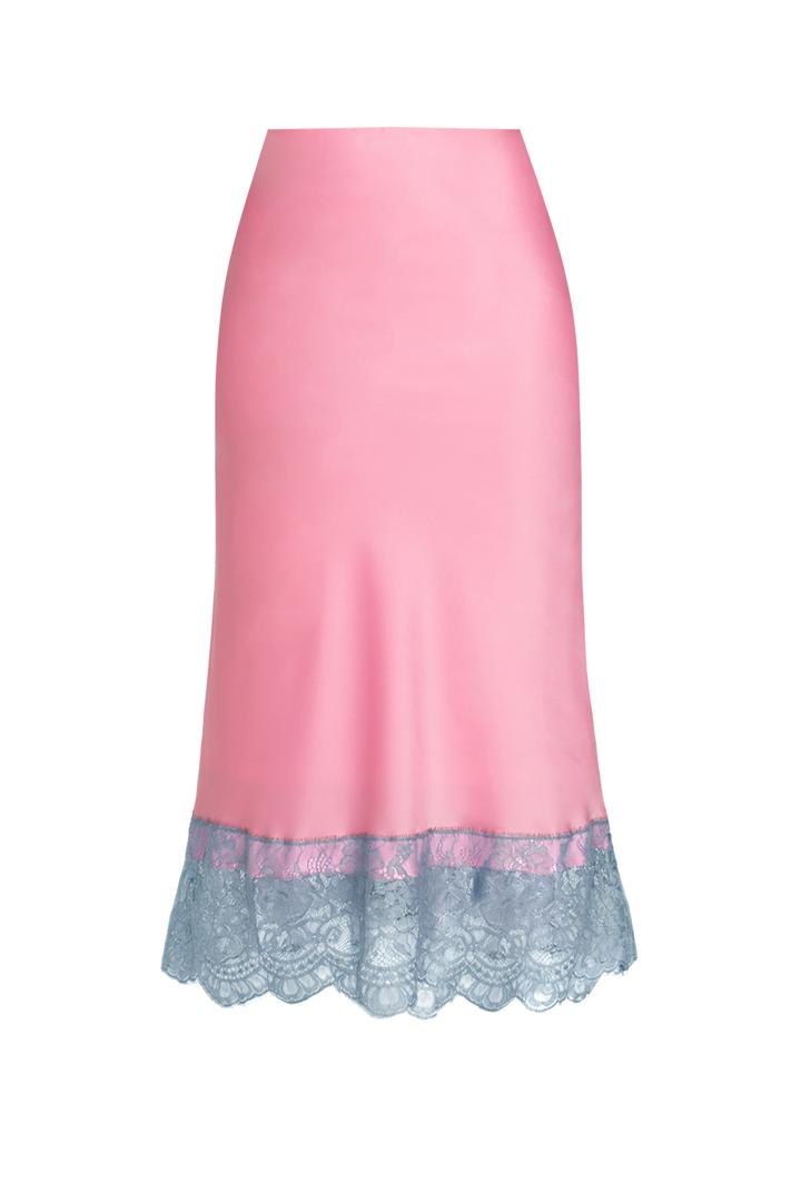FLARED PINK SKIRT WITH LACE TRIM IN WHITE BLUE - ESSENTIALS JIORO САТЕНЕНА ПОЛА В РОЗОВО С ДАНТЕЛА И ЛАСТИЧЕН КОЛАН - ESSENTIALS JIORO