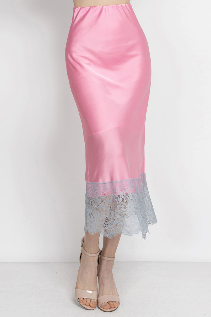 FLARED PINK SKIRT WITH LACE TRIM IN WHITE BLUE - ESSENTIALS