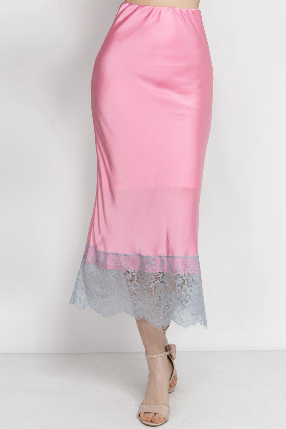 FLARED PINK SKIRT WITH LACE TRIM IN WHITE BLUE - ESSENTIALS