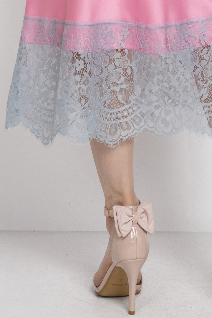 FLARED PINK SKIRT WITH LACE TRIM IN WHITE BLUE - ESSENTIALS