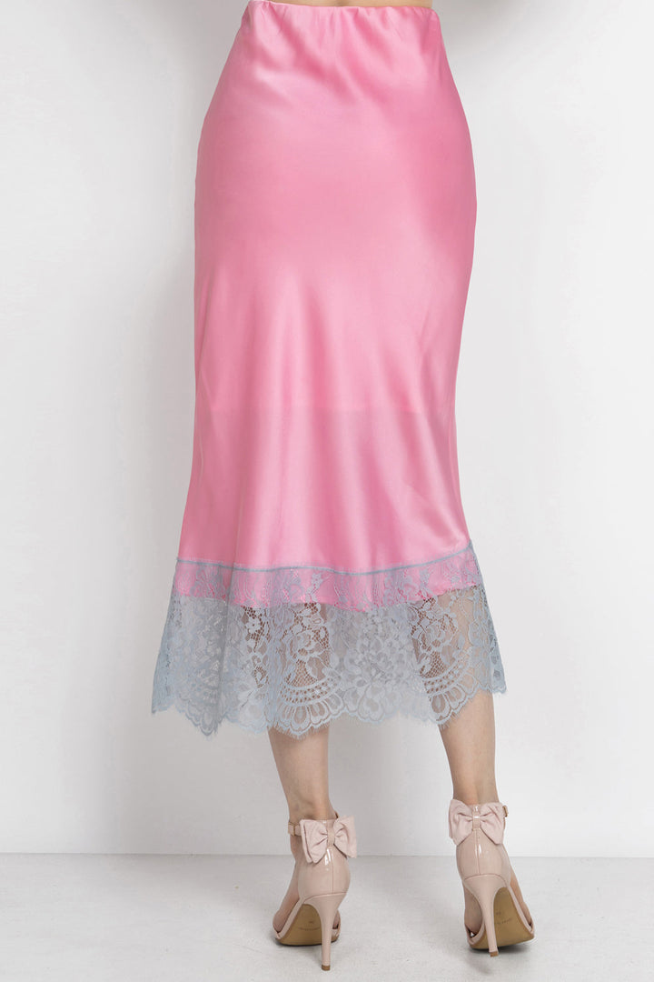 FLARED PINK SKIRT WITH LACE TRIM IN WHITE BLUE - ESSENTIALS