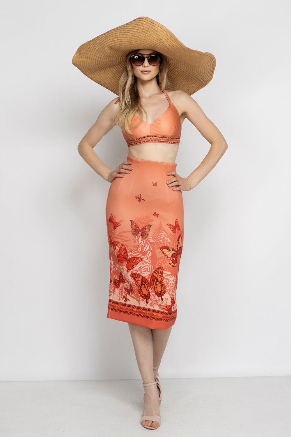 KNEE-LENGTH PENCIL SKIRT - PAPAYA BUTTERFLIES