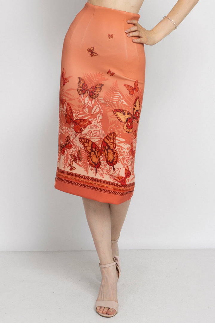 KNEE-LENGTH PENCIL SKIRT - PAPAYA BUTTERFLIES