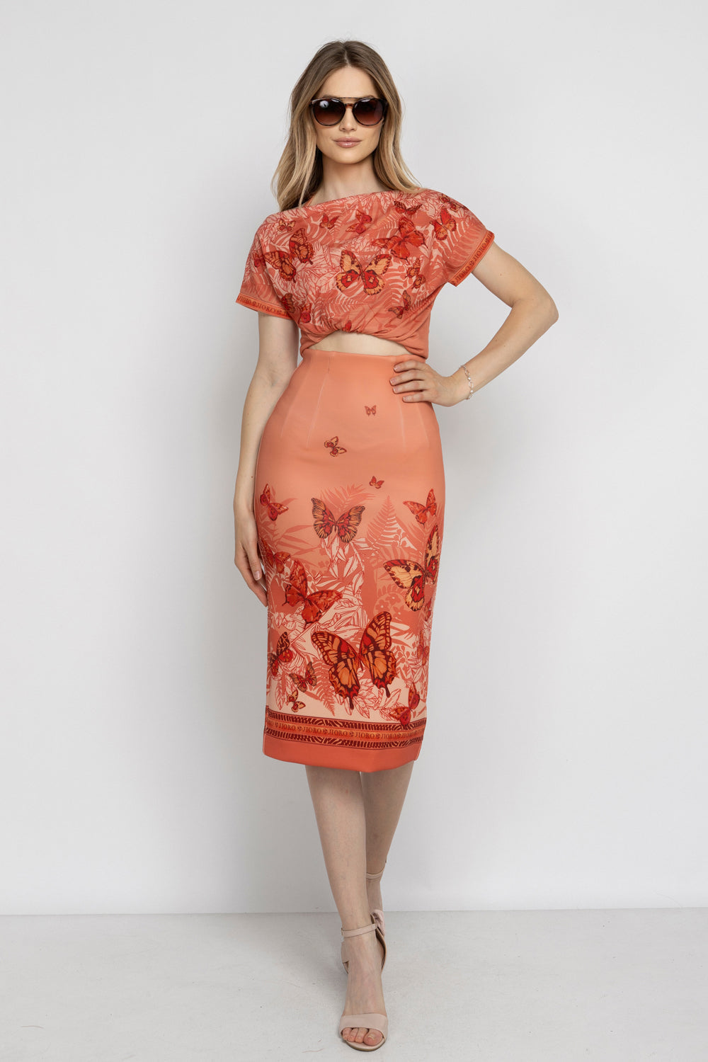 KNEE-LENGTH PENCIL SKIRT - PAPAYA BUTTERFLIES