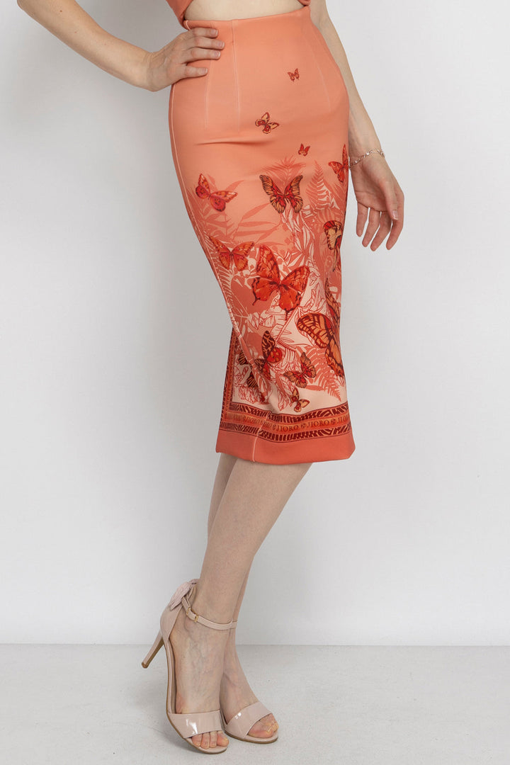 KNEE-LENGTH PENCIL SKIRT - PAPAYA BUTTERFLIES