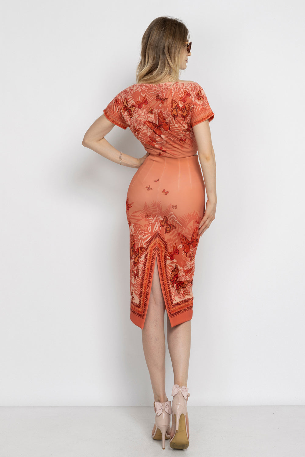 KNEE-LENGTH PENCIL SKIRT - PAPAYA BUTTERFLIES