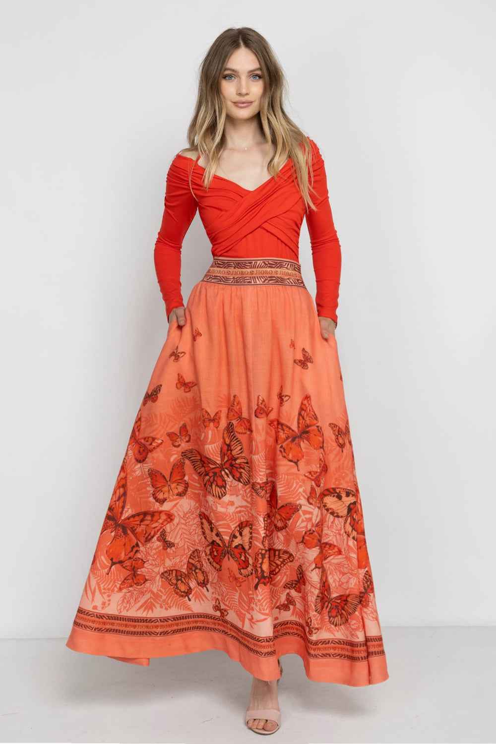 LONG LINEN SKIRT WITH ELASTIC WAIST AND SIDE POCKETS - PAPAYA BUTTERFLIES