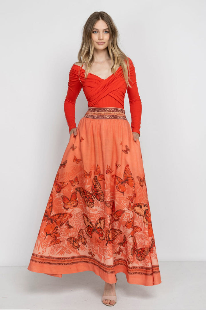 LONG LINEN SKIRT WITH ELASTIC WAIST AND SIDE POCKETS - PAPAYA BUTTERFLIES JIORO ДЪЛГА ПОЛА ОТ ЛЕН С ЛАСТИЧЕН КОЛАН - PAPAYA BUTTERFLIES JIORO