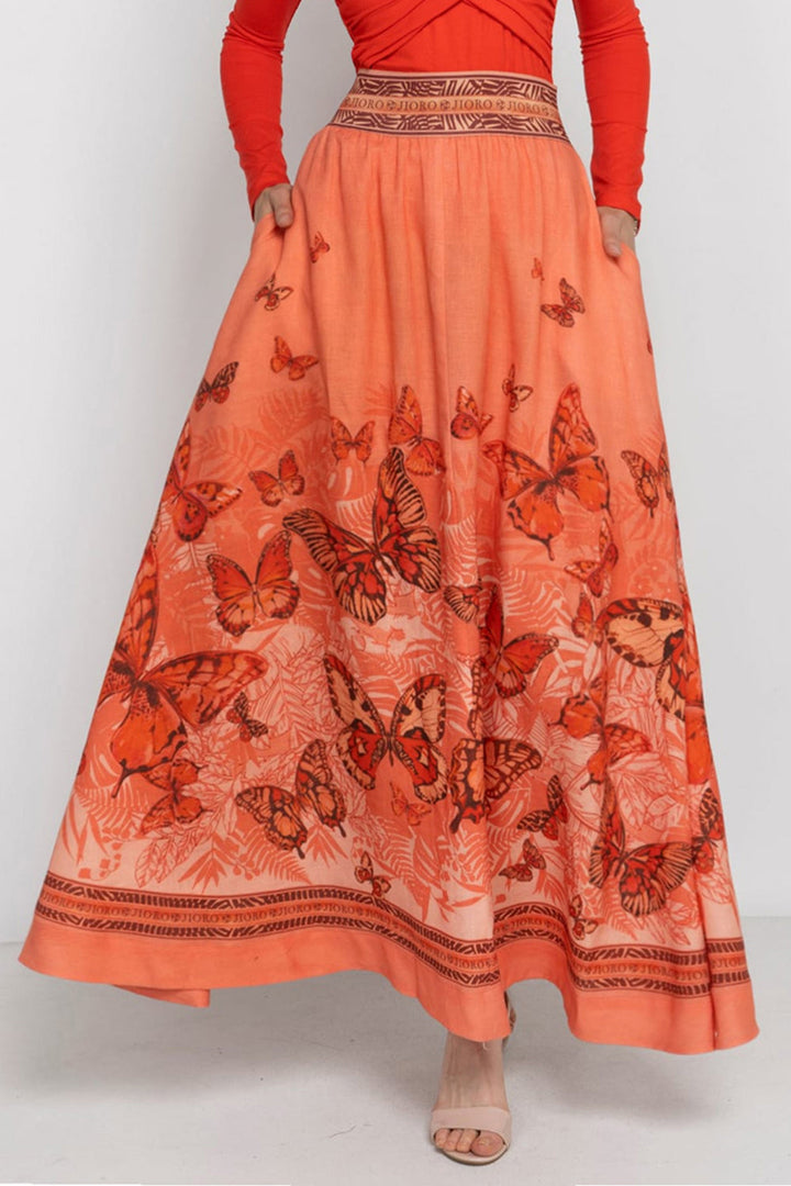 LONG LINEN SKIRT WITH ELASTIC WAIST AND SIDE POCKETS - PAPAYA BUTTERFLIES JIORO ДЪЛГА ПОЛА ОТ ЛЕН С ЛАСТИЧЕН КОЛАН - PAPAYA BUTTERFLIES JIORO