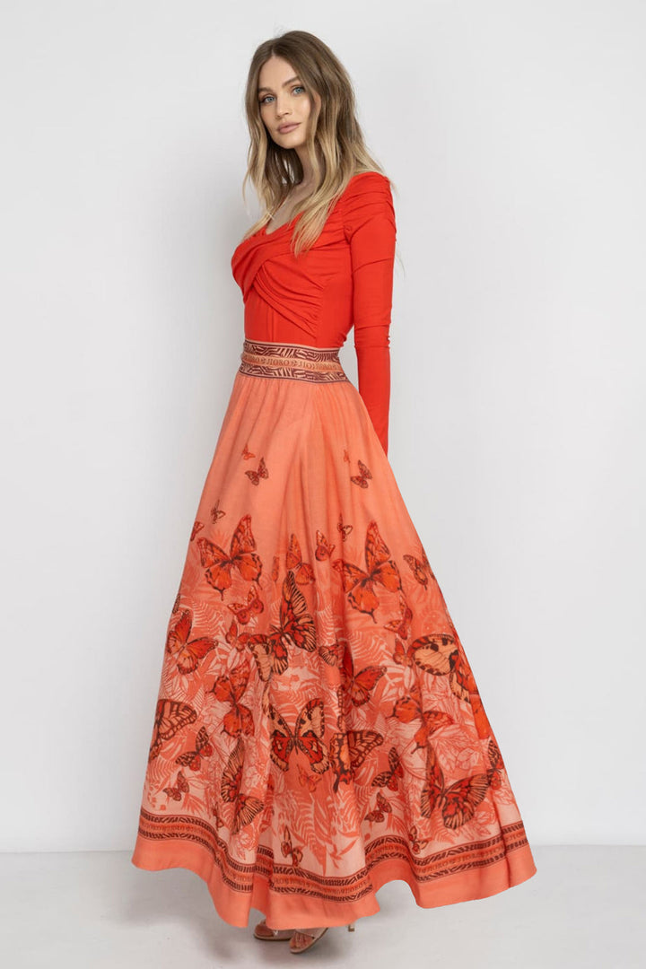 LONG LINEN SKIRT WITH ELASTIC WAIST AND SIDE POCKETS - PAPAYA BUTTERFLIES JIORO ДЪЛГА ПОЛА ОТ ЛЕН С ЛАСТИЧЕН КОЛАН - PAPAYA BUTTERFLIES JIORO