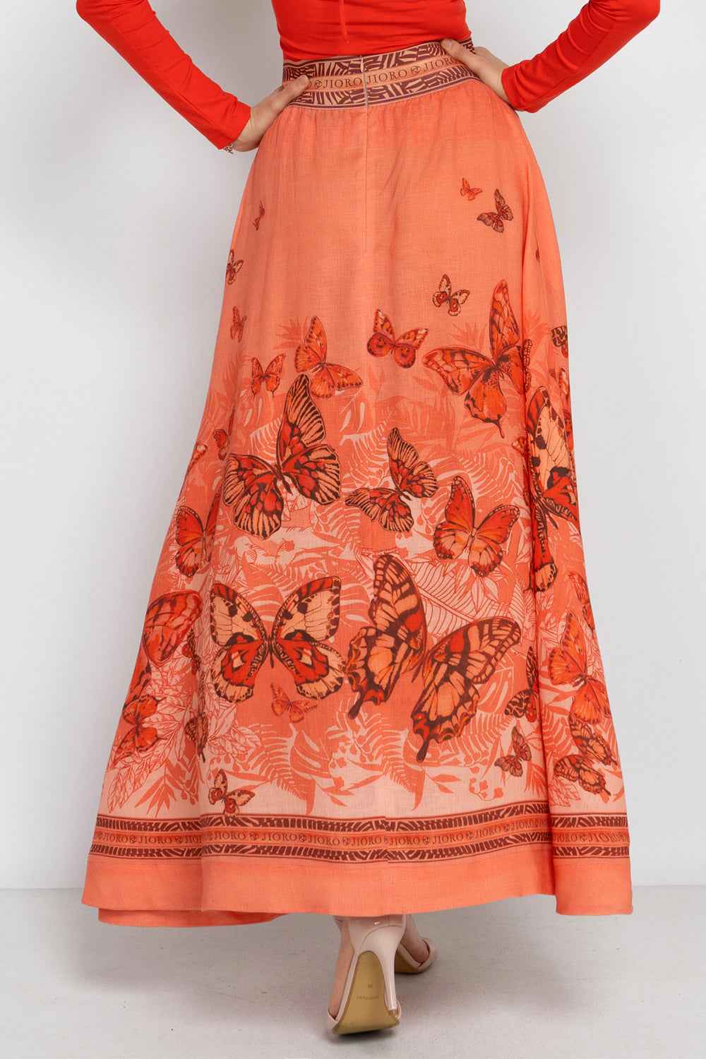 LONG LINEN SKIRT WITH ELASTIC WAIST AND SIDE POCKETS - PAPAYA BUTTERFLIES
