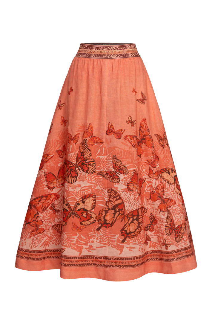 LONG LINEN SKIRT WITH ELASTIC WAIST AND SIDE POCKETS - PAPAYA BUTTERFLIES