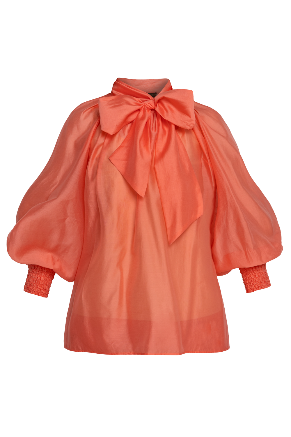 BOHEMIAN PAPAYA LYOCELL BLOUSE WITH PUFF SLEEVES AND TIE-FRONT COLLAR - ESSENTIALS JIORO БОХЕМСКА РИЗА ОТ ЛИОЦЕЛ В ЦВЯТ ПАПАЯ С БОГАТИ РЪКАВИ И ВРЪЗКА - ESSENTIALS JIORO