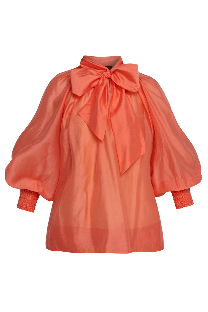 BOHEMIAN PAPAYA LYOCELL BLOUSE WITH PUFF SLEEVES AND TIE-FRONT COLLAR - ESSENTIALS
