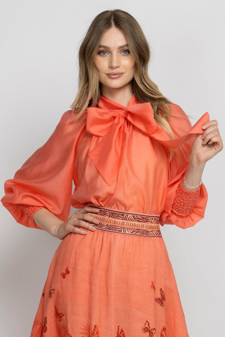 BOHEMIAN PAPAYA LYOCELL BLOUSE WITH PUFF SLEEVES AND TIE-FRONT COLLAR - ESSENTIALS