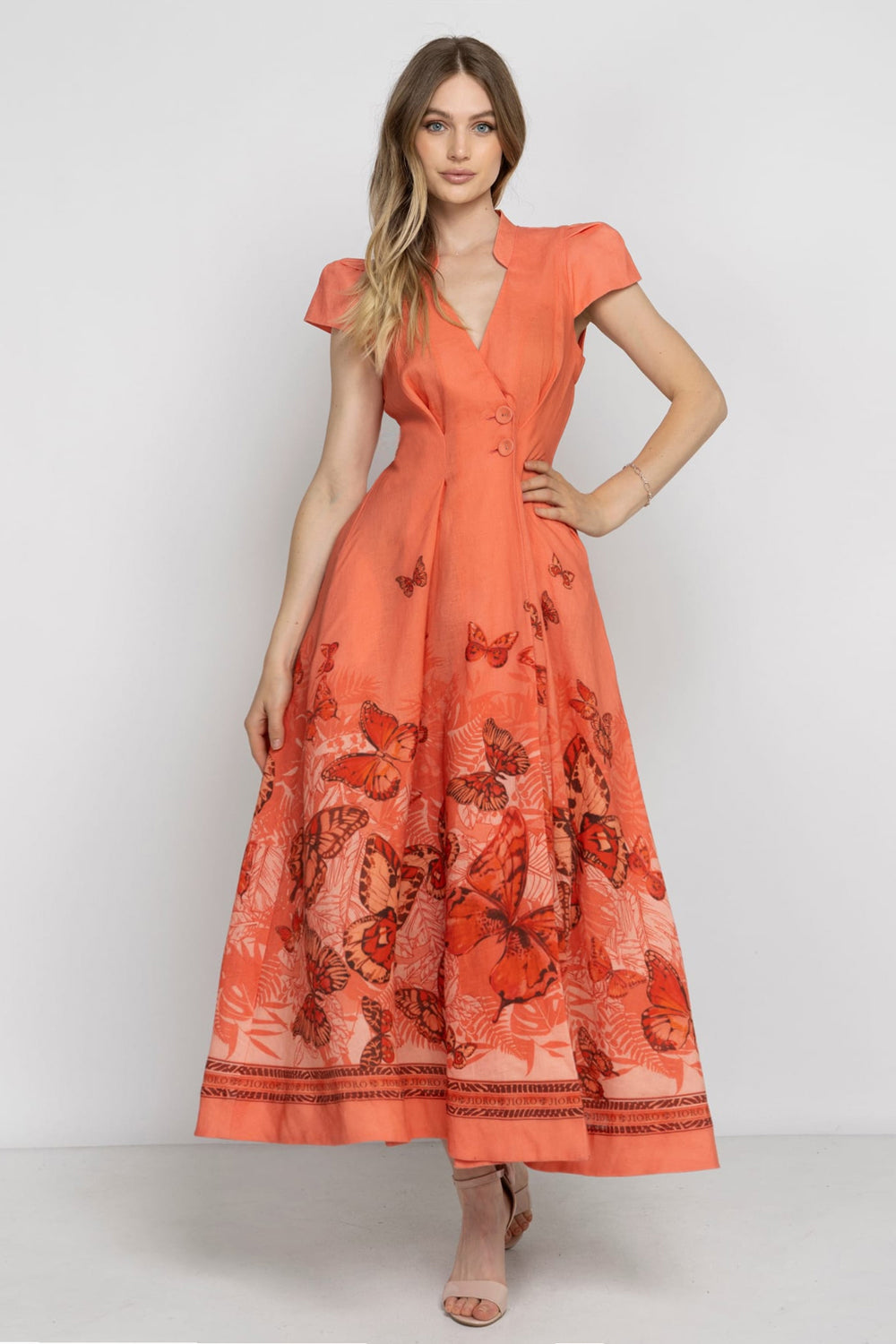 LONG FLARED LINEN DRESS - PAPAYA BUTTERFLIES JIORO ДЪЛГА РАЗКРОЕНА РОКЛЯ ОТ ЛЕН - PAPAYA BUTTERFLIES JIORO