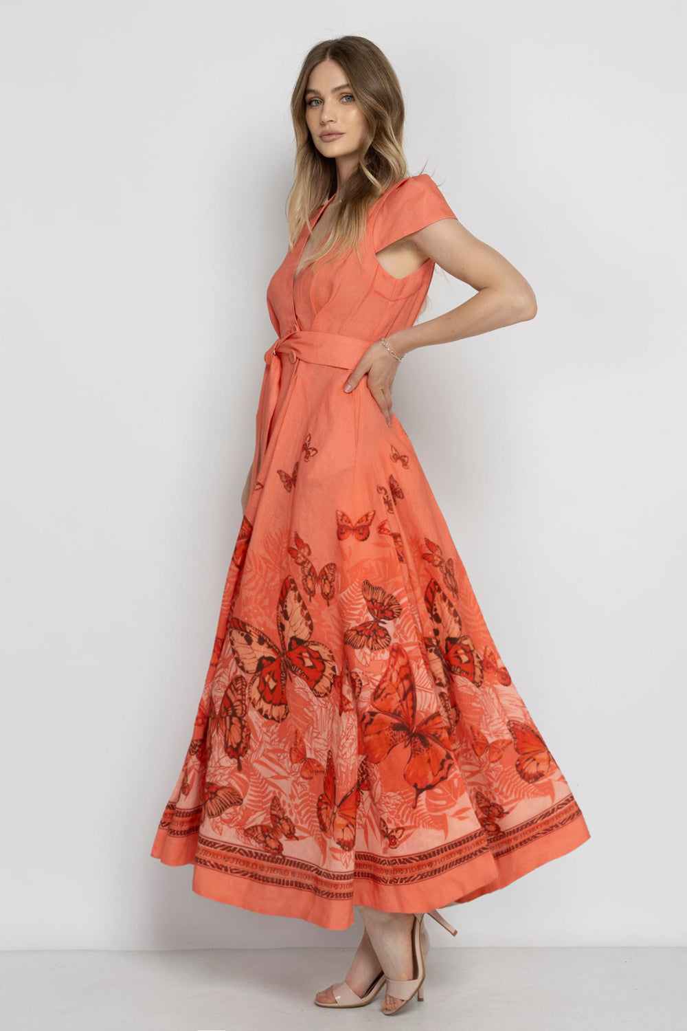 LONG FLARED LINEN DRESS - PAPAYA BUTTERFLIES JIORO ДЪЛГА РАЗКРОЕНА РОКЛЯ ОТ ЛЕН - PAPAYA BUTTERFLIES JIORO