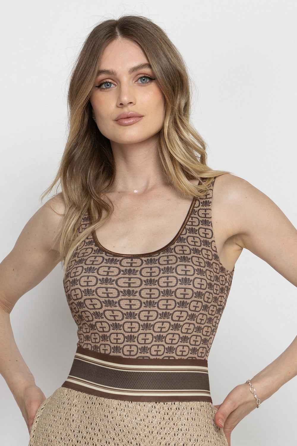 SLEEVELESS MESH BODYSUIT WITH MODAL LINING - MOCHA MOUSSE LOGO