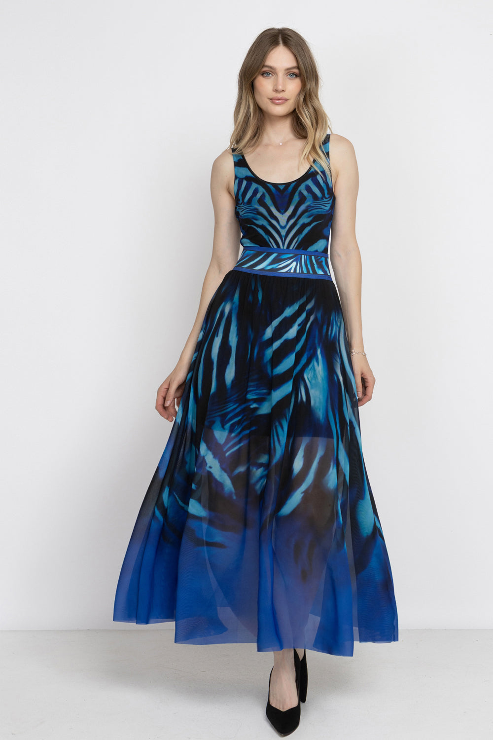 SLEEVELESS MESH BODYSUIT WITH DEEP SCOOP NECKLINE AND MODAL LINING - SHADES OF BLUE