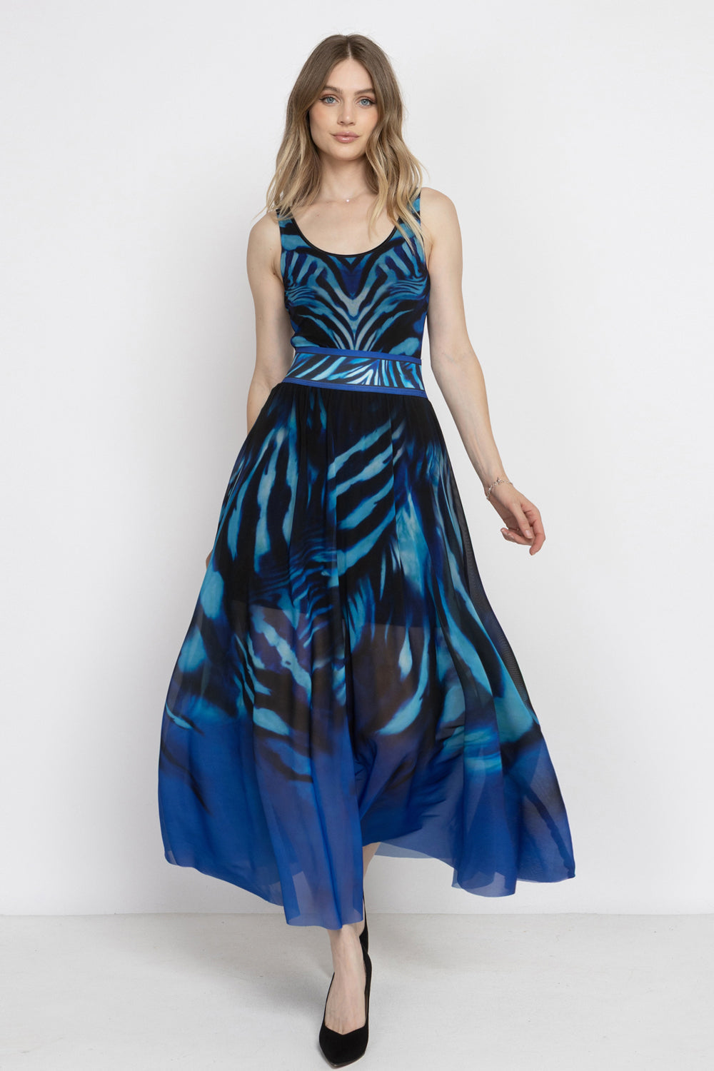 SLEEVELESS MESH BODYSUIT WITH DEEP SCOOP NECKLINE AND MODAL LINING - SHADES OF BLUE