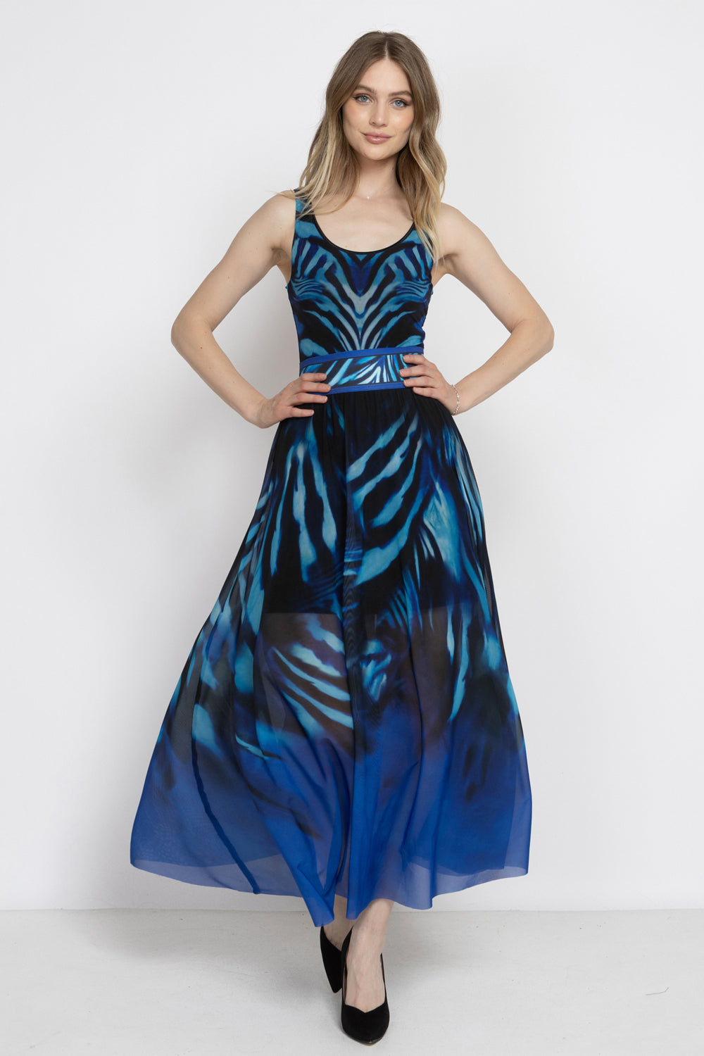 SLEEVELESS MESH BODYSUIT WITH DEEP SCOOP NECKLINE AND MODAL LINING - SHADES OF BLUE