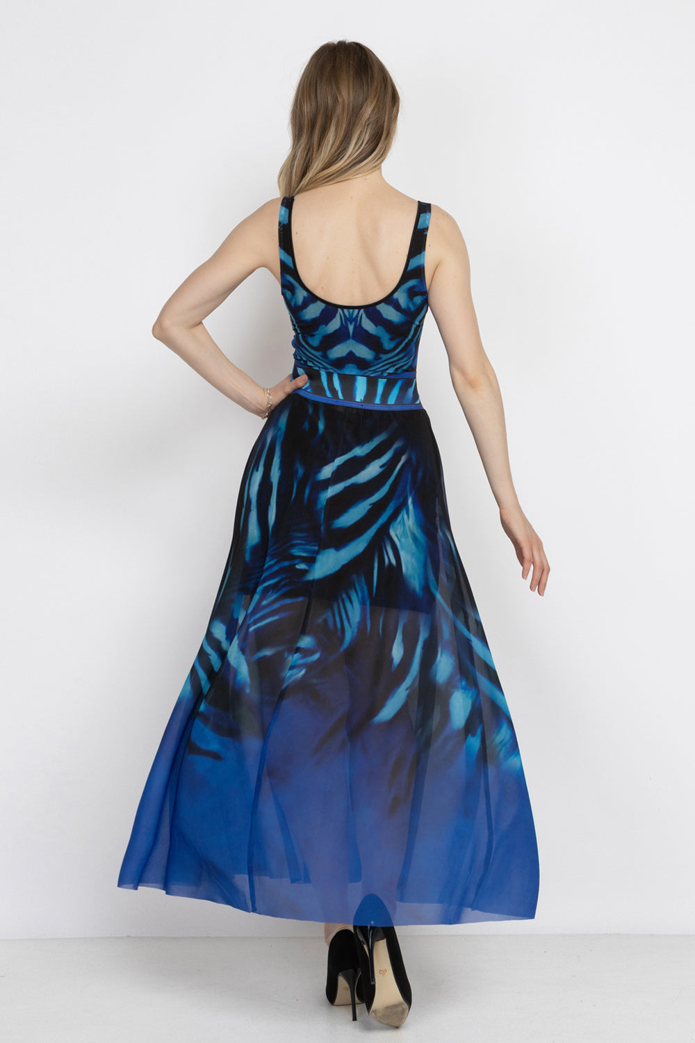 SLEEVELESS MESH BODYSUIT WITH DEEP SCOOP NECKLINE AND MODAL LINING - SHADES OF BLUE