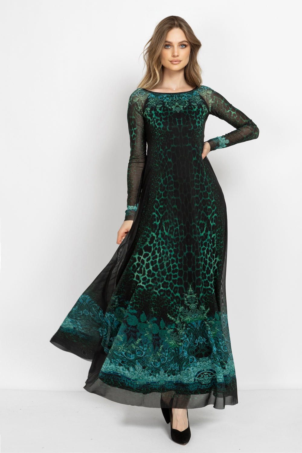 LONG FINE NET DRESS WITH BOAT NECKLINE - LEO NEON GREEN