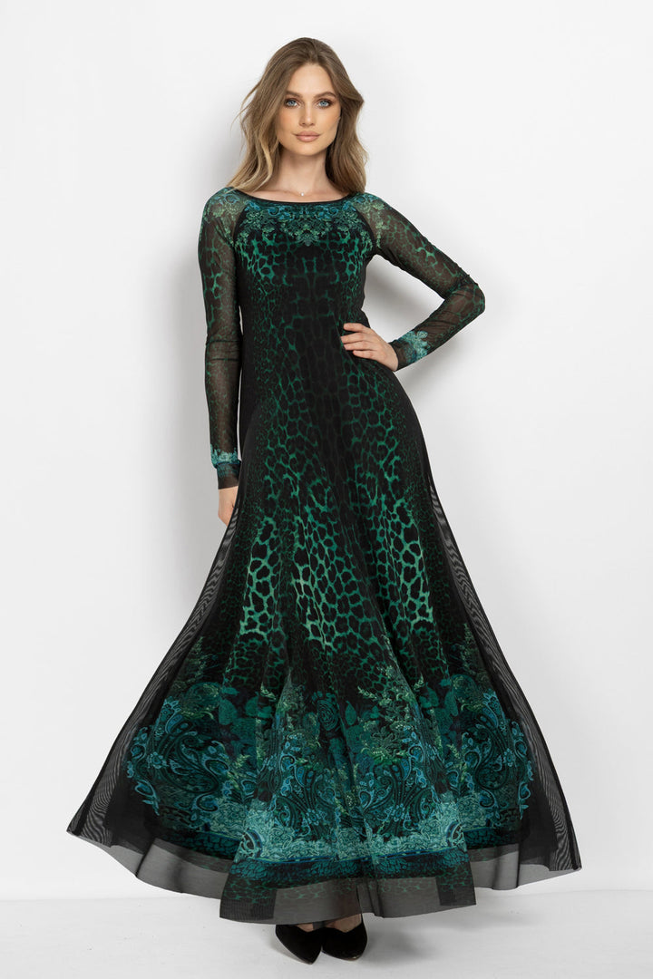 LONG FINE NET DRESS WITH BOAT NECKLINE - LEO NEON GREEN