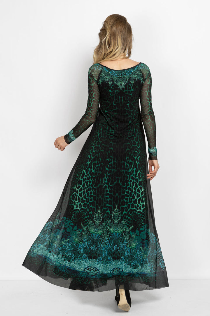 LONG FINE NET DRESS WITH BOAT NECKLINE - LEO NEON GREEN