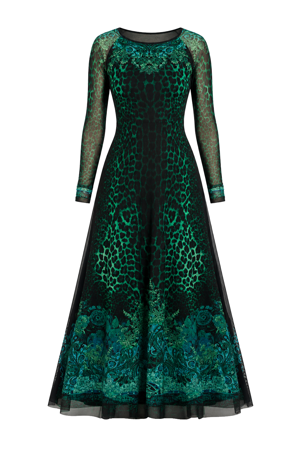 LONG FINE NET DRESS WITH BOAT NECKLINE - LEO NEON GREEN