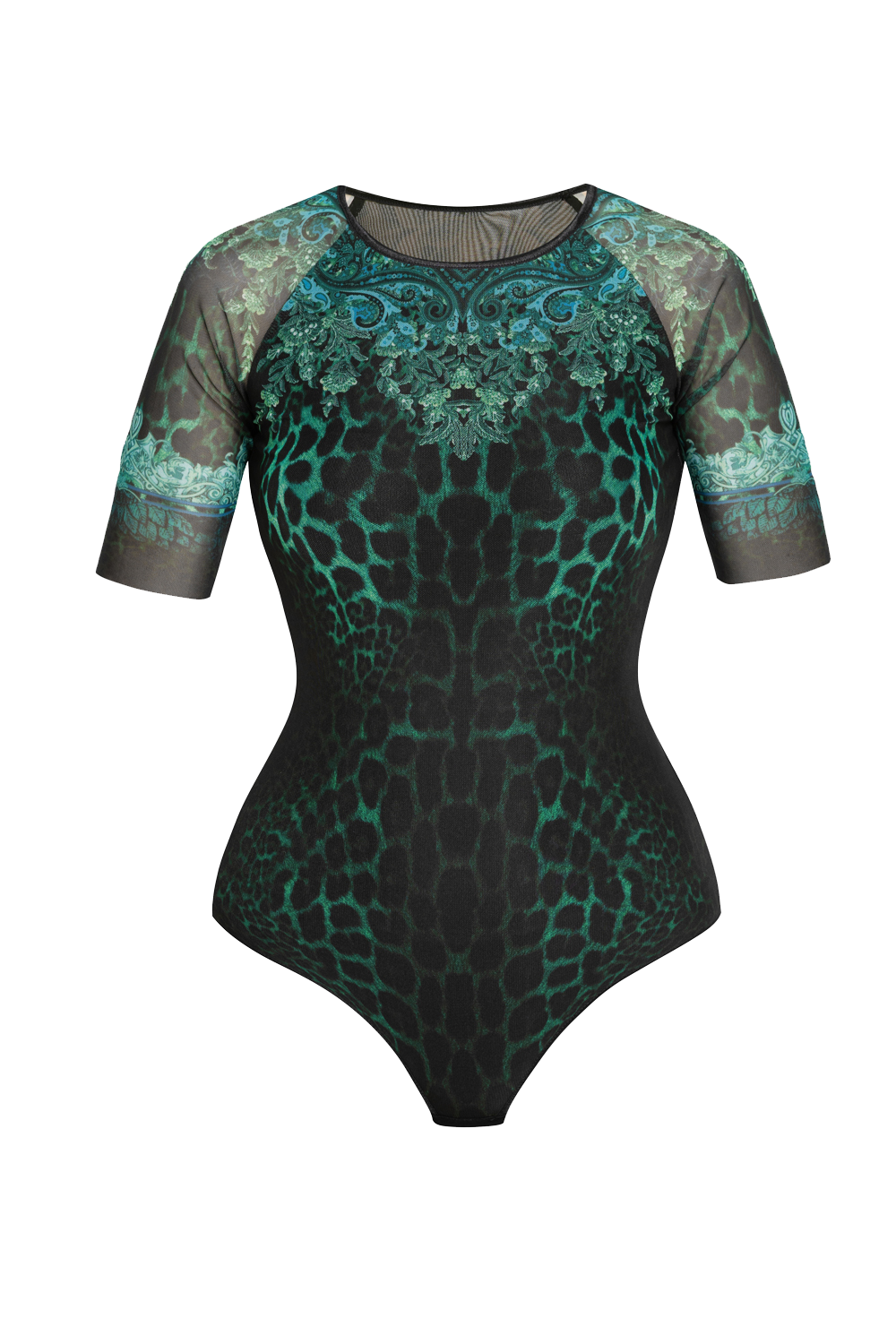 SHORT SLEEVE MESH BODYSUIT WITH ROUND NECKLINE - LEO NEON GREEN