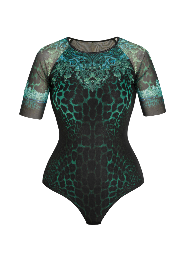 SHORT SLEEVE MESH BODYSUIT WITH ROUND NECKLINE - LEO NEON GREEN