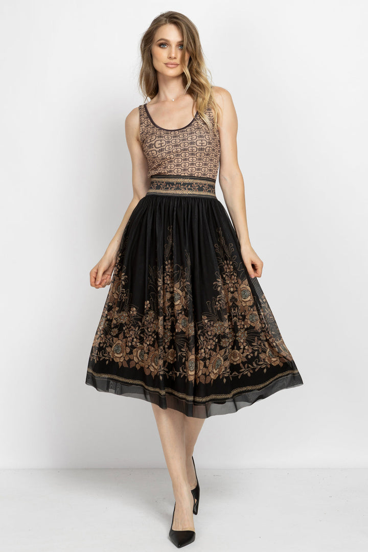 MESH SKIRT WITH ELASTIC WAIST AND VISCOSE LINING - GOLDEN ROSES