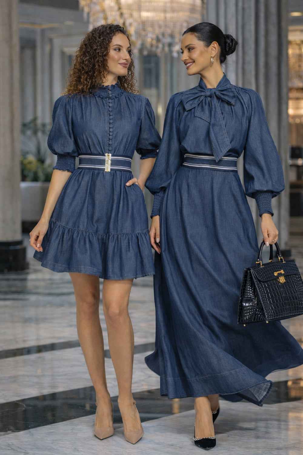 DENIM DRESS WITH ELASTICATED NECKLINE AND BELT - ESSENTIALS
