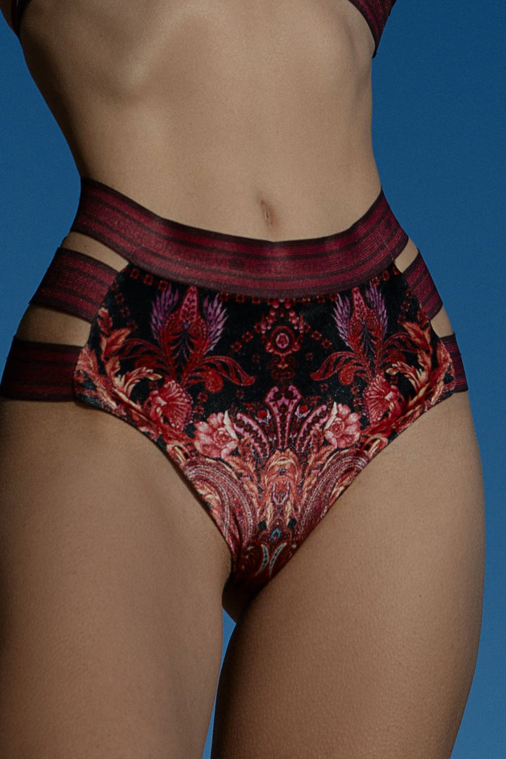HIGH-WAISTED VELVET BIKINI BOTTOMS - PAISLEY DARK - Fashion Roots