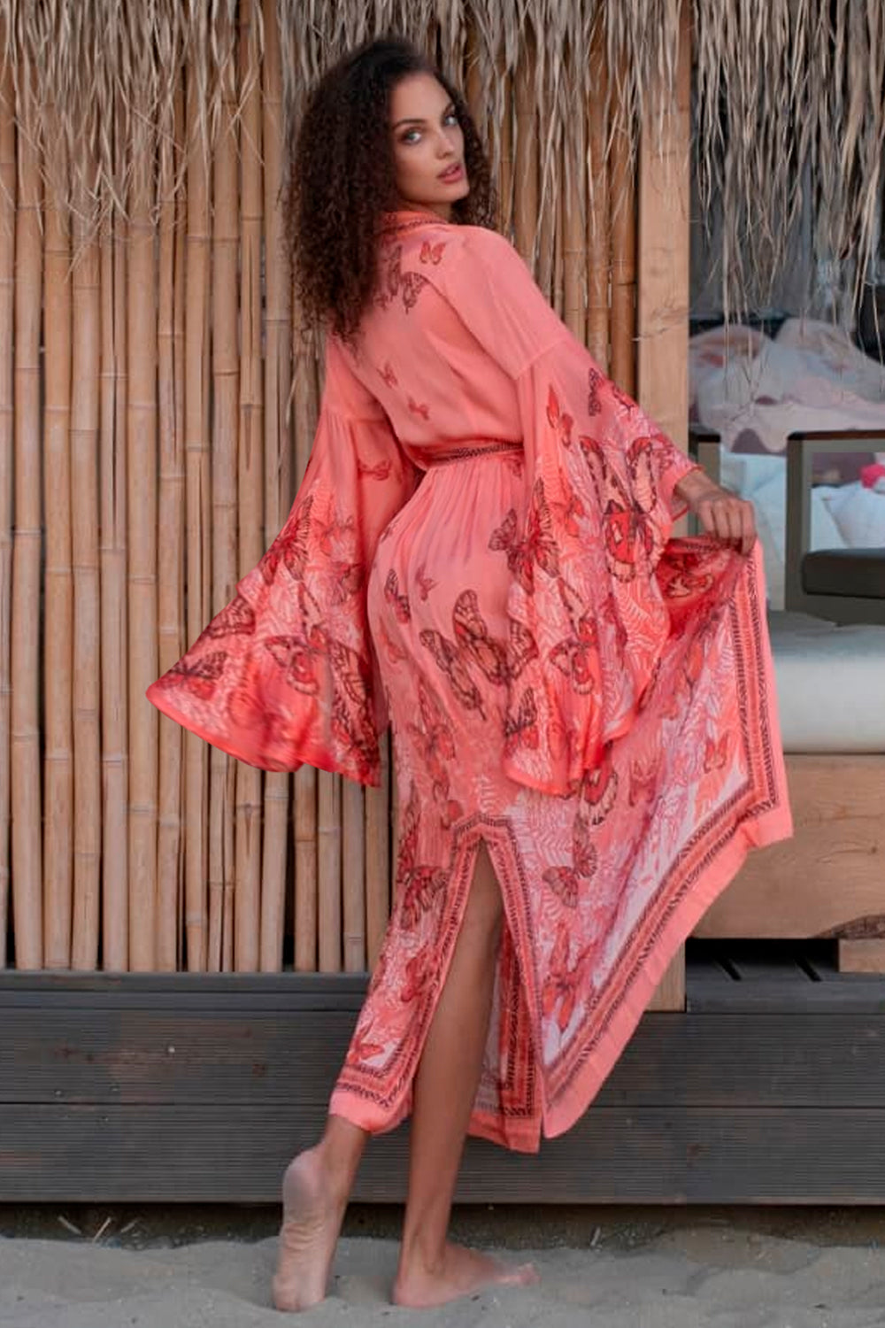 VISCOSE KIMONO WITH DRAPED BACK AND SHAWL COLLAR - PAPAYA BUTTERFLIES JIORO КИМОНО ОТ ВИСКОЗА С ШАЛ ЯКА И ДРАПИРАН ГРЪБ - PAPAYA BUTTERFLIES JIORO
