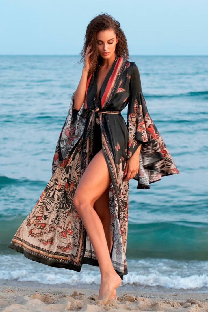 VISCOSE KIMONO WITH DRAPED BACK AND SHAWL COLLAR - MIDNIGHT BUTTERFLIES