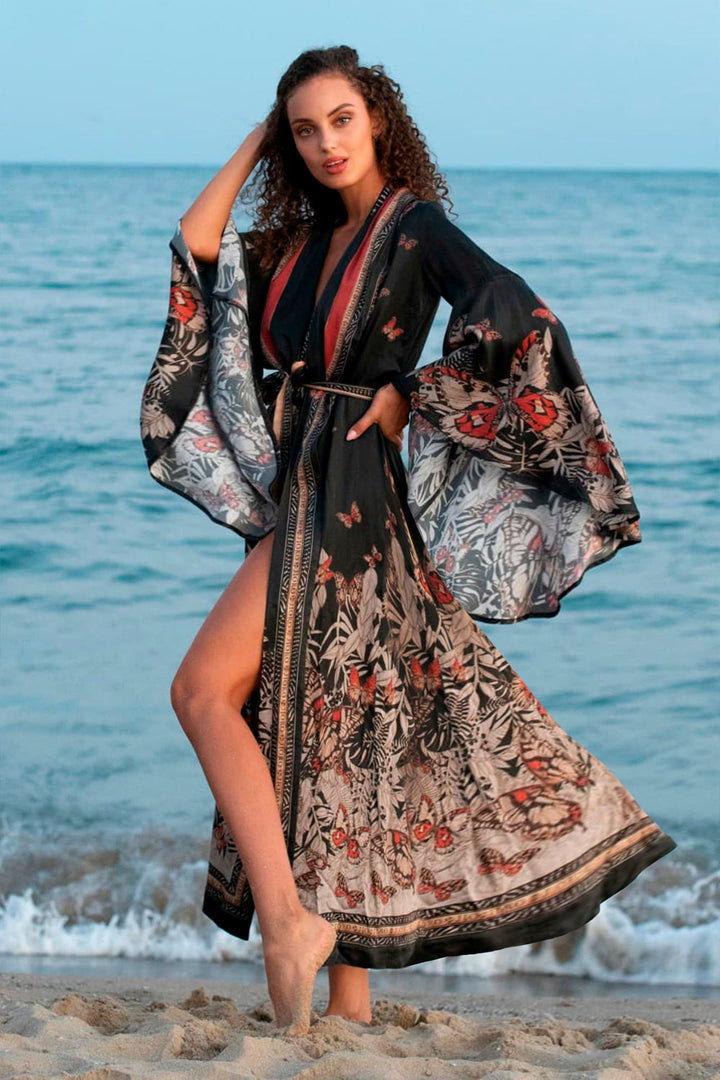 VISCOSE KIMONO WITH DRAPED BACK AND SHAWL COLLAR - MIDNIGHT BUTTERFLIES