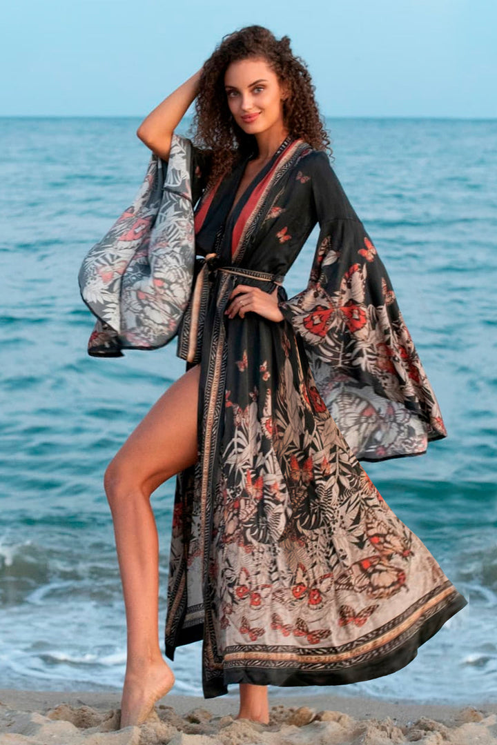 VISCOSE KIMONO WITH DRAPED BACK AND SHAWL COLLAR - MIDNIGHT BUTTERFLIES