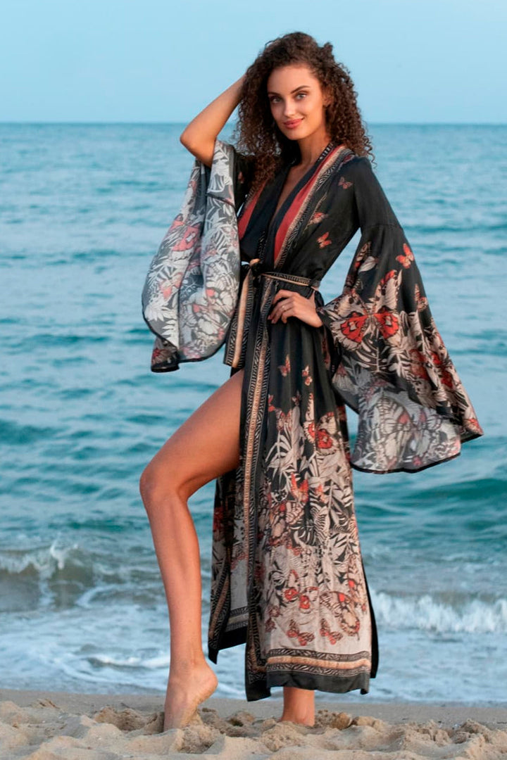 VISCOSE KIMONO WITH DRAPED BACK AND SHAWL COLLAR - MIDNIGHT BUTTERFLIES